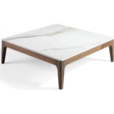 Table basse carrée plateau marbre céramique structure bois massif - Noyer, blanc, gris