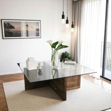 Table basse carrée verre et bois brun - base croisée LHASA