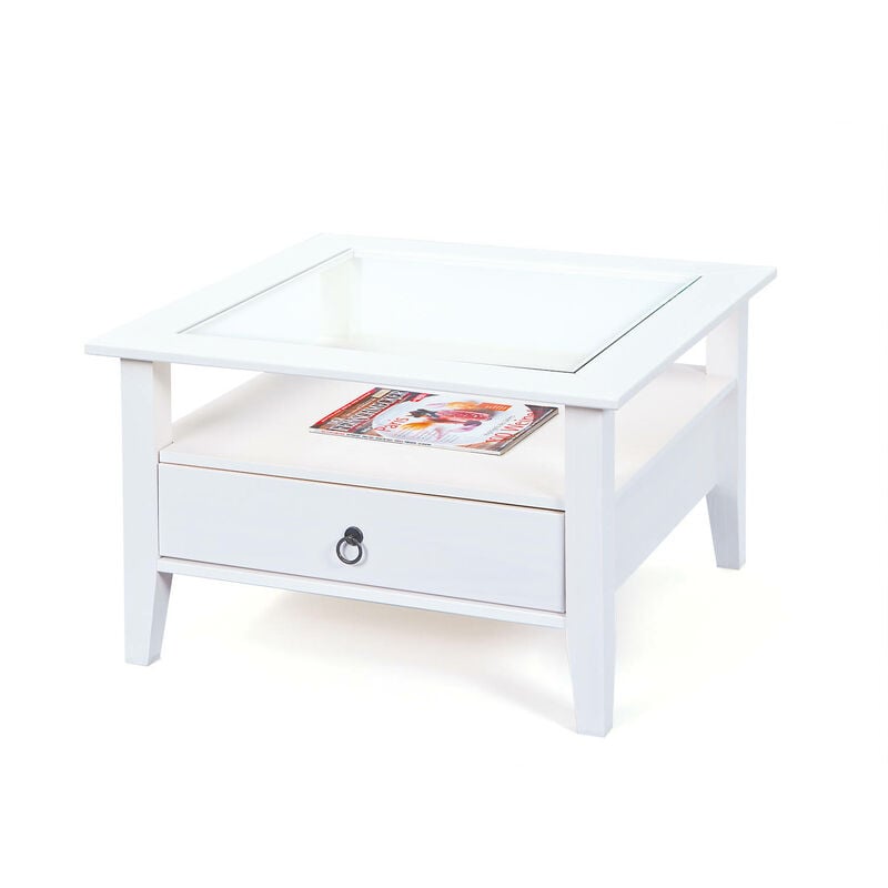 Table basse en pin massif vernis à l'eau blanc et plateau en verre naturel