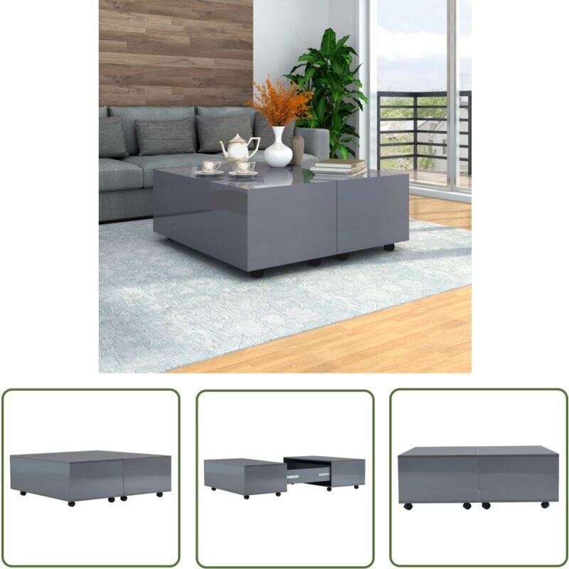 The Living Store Table basse Gris brillant 100x100x35 cm - Table Basse - Meuble Salon - Table D'appoint - Table Extensible - Table Ronde