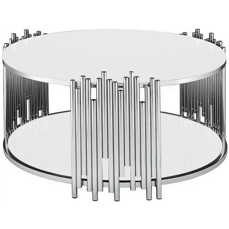 Homy France - Table Basse ronde stick Chrome verre effet Marbre Blanc D90 H45 cm