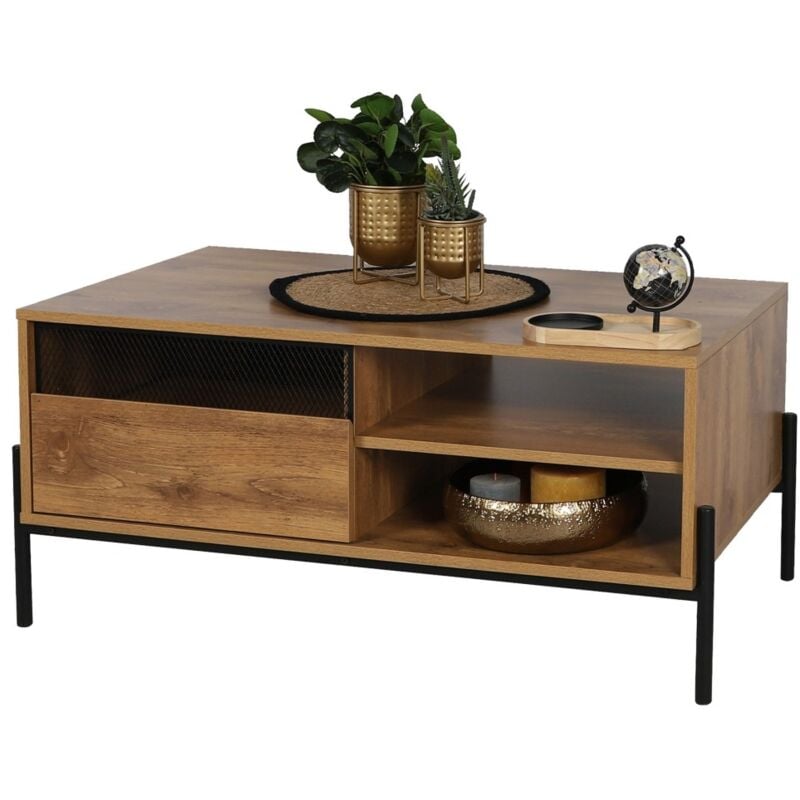 Table basse style rustique collection HELIAS – Coloris chêne foncé, pieds en métal noir, dimensions 60x49x110 cm