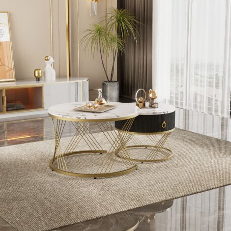 Table Basse Composable Élégante : Table d'Appoint Décor Or Effet Marbre avec Tiroirs - Lot de 2
