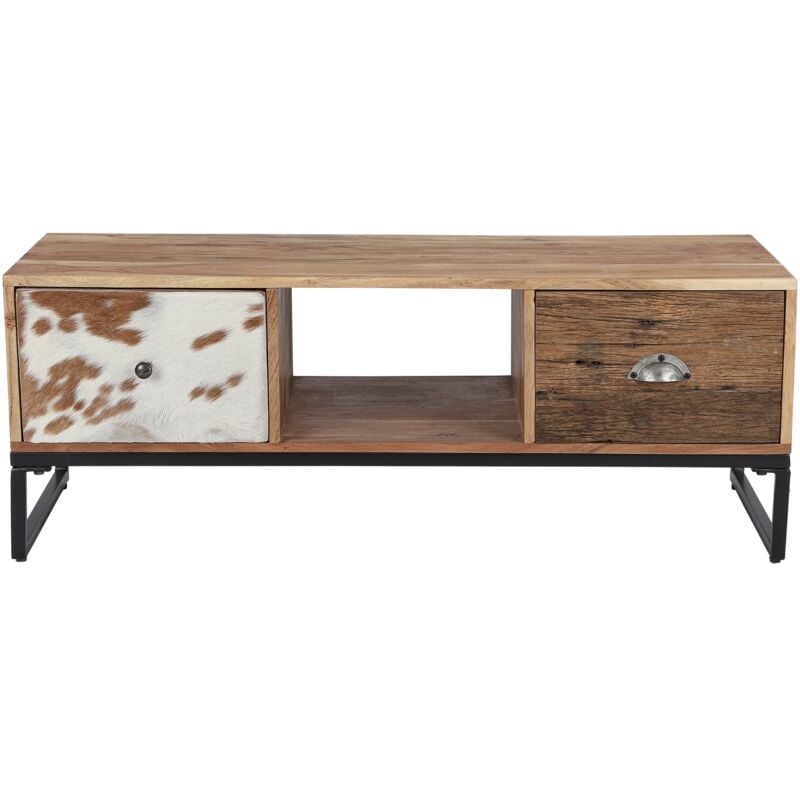 Womo-design - Meuble Bas tv Taipei avec 2 Tiroirs 110x50 cm, Unique, Fait à Main, en Bois Massif d'Acacia et de Seuil, Pieds en Métal, Cuir, Design