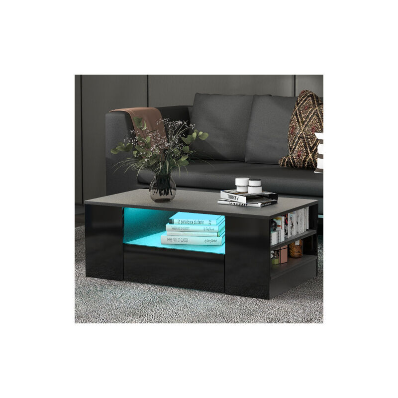 Merax - Table basse contemporaine avec bande LED - 2 tiroirs et 2 étagères - Style scandinave - Noir brillant - 95 x 53 x 37cm