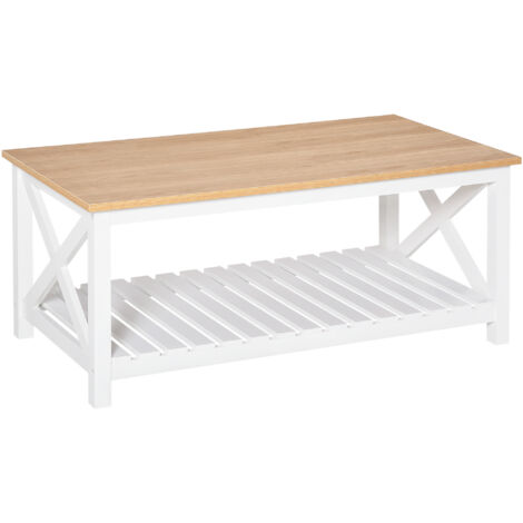 Table basse contemporaine en forme de X avec étagère de rangement, 4 pieds, table centrale à 2 niveaux pour salon, chambre ou bureau, structure robuste