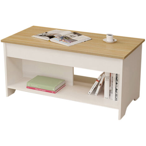 Table basse contemporaine plateau relevable avec l'espace de stockage 100 x 50 x 48.5 cm décor bois et blanc Mat