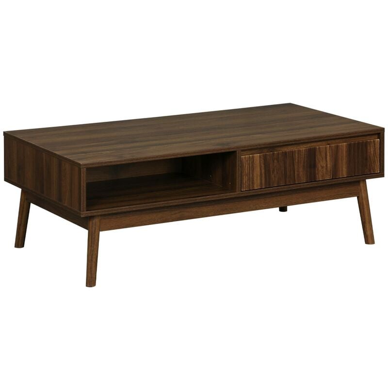 Sweeek - Table basse couleur teinté noyer. Linear. décor bois rainuré. pieds compas. 2 niches. 1 tiroir. l 110 x l 59 x h 39cm