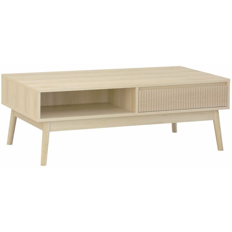 Sweeek - Table basse couleur naturelle. Linear. décor bois rainuré. pieds compas. 2 niches. 1 tiroir. l 110 x l 59 x h 39cm