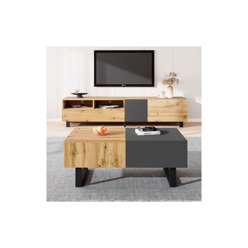 Table basse coulissante moderne multifonctionnelle avec rangement dissimulé, support en bois et métal de haute qualité, idéal pour les espaces de vie
