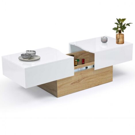 Table basse coulissante rectangulaire MARTA bois imitation hêtre et blanc