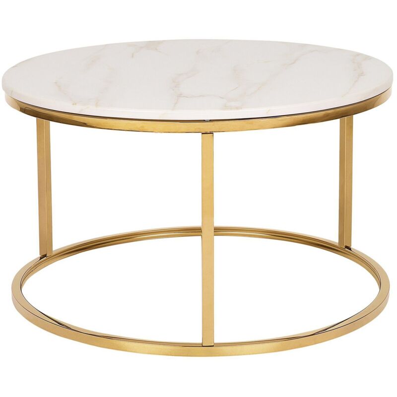 Table Basse Ronde avec Plateau Effet Marbre Beige en mdf et Cadre en Métal Doré au Style Moderne et Glamour Beliani