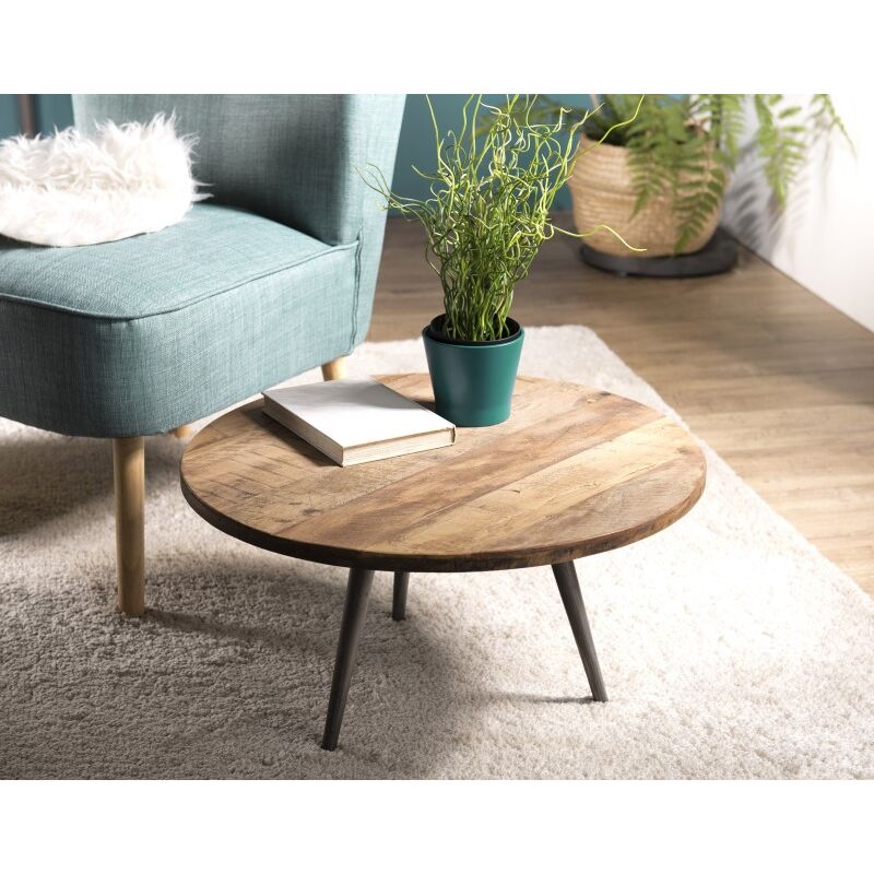 Alida - Table basse d'appoint marron ronde 55x55cm teck recyclé pieds métal