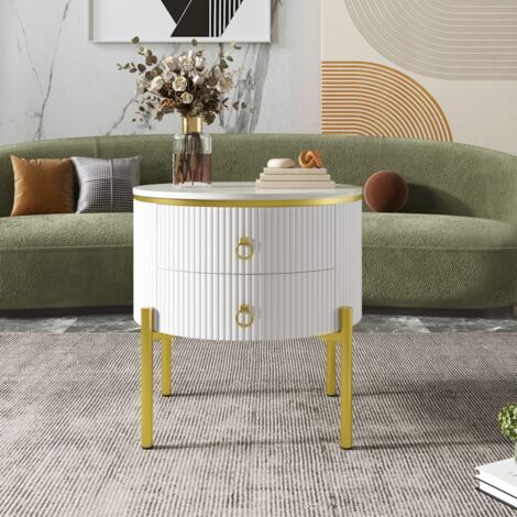 Table basse d'appoint effet marbre avec tiroirs, pieds et poignées dorés - Plateau réglable 50x50x51cm - Blanc