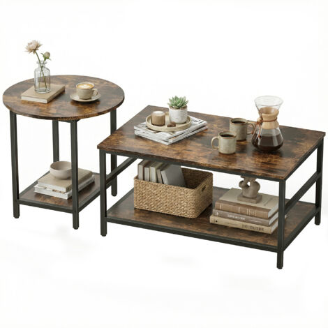 Table basse d'appoint, lot de 2 tables rectangulaire et ronde avec rangement à 2 niveaux, pour salon, couleur brun rustique