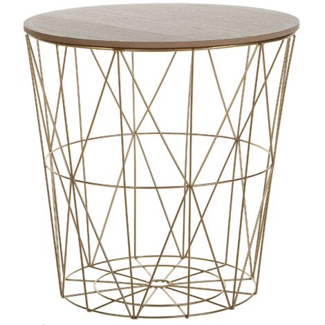 Table Basse d'Appoint Ronde Plateau Effet Bois Clair sur Base en Acier Doré Design Ultra Moderne pour Salon Glamour Beliani
