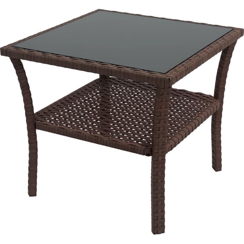 Outsunny - Table basse de jardin avec étagère et plateau verre trempé dim. 50 x 50 x 45 cm résine tressée chocolat