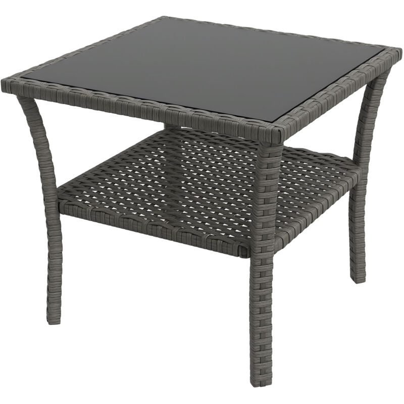Table d'appoint de jardin - Outsunny - 2 niveaux - avec plateau en verre trempé - en acier galvanisé, résine tressée - gris Table d'appoint de jardin - Outsunny - 2 niveaux - avec plateau en verre trempé - en acier galvanisé, résine tressée - gris