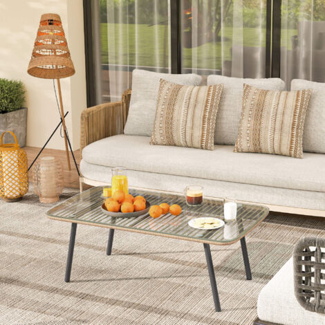 Table basse de jardin avec plateau verre trempé 5 mm. table d'appoint pour extérieur. cadre en acier. effet bois naturel