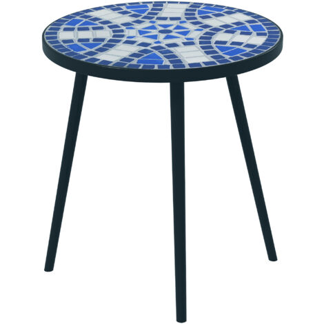 Table basse de jardin d'appoint plateau céramique mosaïque bleu blanc
