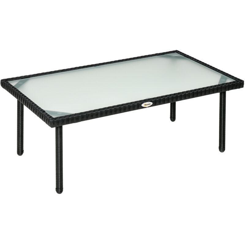 Outsunny - Table basse de jardin plateau verre trempé 5 mm résine tressée imitation rotin noir