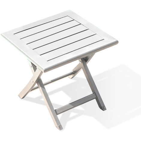 Table basse de jardin pliante en aluminium blanc – Dimensions dépliée L 43 x l 43 x H 40 cm – Pliée L 43 x l 14 x H 56 cm