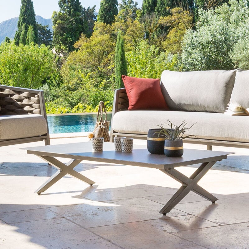 Table basse de jardin rectangulaire Embruns effet bois macadamia en aluminium traité époxy - Hespéride