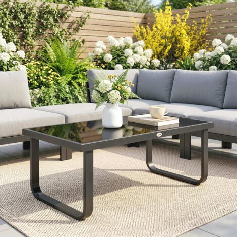 Table Basse de Jardin Rectangulaire. Pieds Incurvés. Plateau en Verre Trempé. pour Terrasse Balcon. 90x45x33cm. Noir