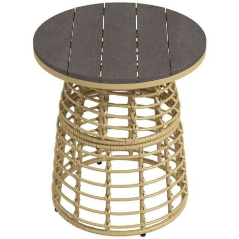 Table basse de jardin ronde en résine aspect rotin métal et plateau composite, dim. Ø45 x 50H cm