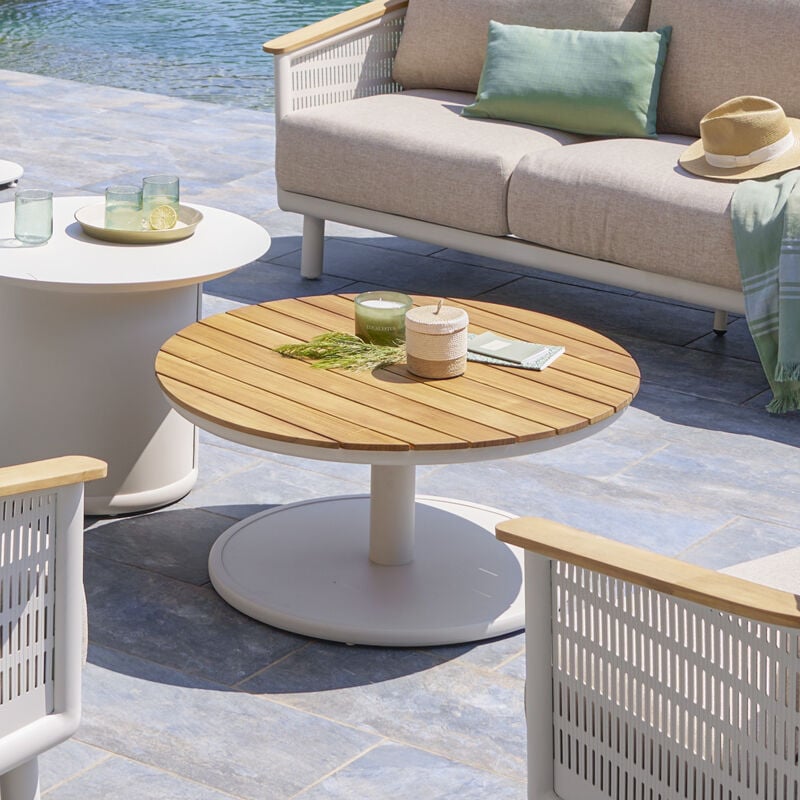 Table basse de jardin ronde Olimio avoine 87 x 40cm en aluminium et teck - Hespéride