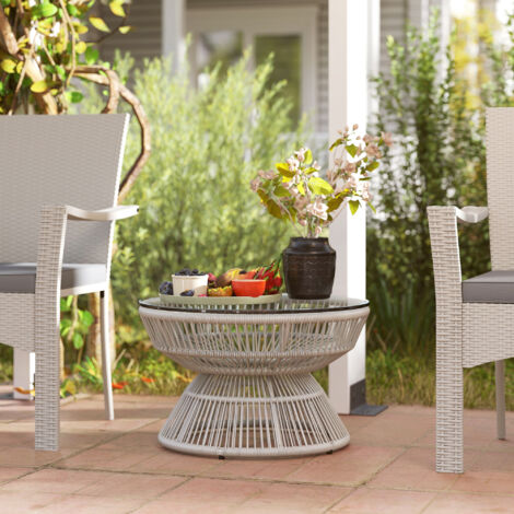 Table basse de jardin ronde. table d'appoint en résine aspect rotin et plateau verre trempé Ø 60 x 37H cm