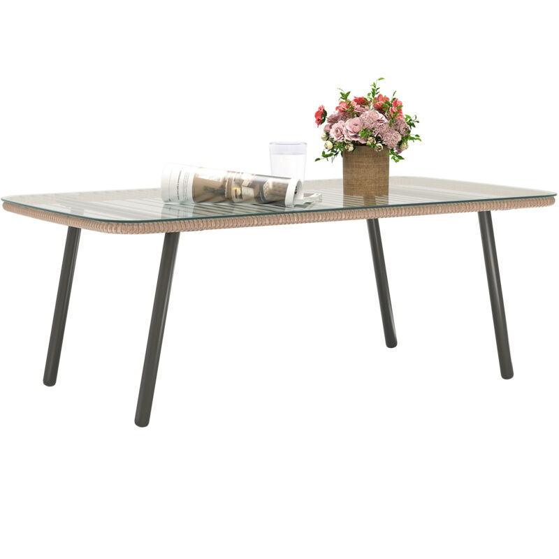 Table basse de jardin style Acapulco piètement incliné acier noir résine filée effet naturel plateau verre trempé