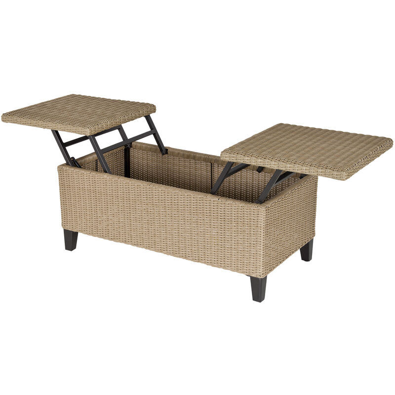 Table basse de jardin style cosy chic - table basse relevable - métal époxy résine tressée imitation rotin beige