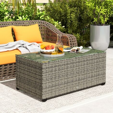 Table basse de jardin, table d'appoint en résine tressée avec plateau en verre trempé, 90 x 50 x 38 cm, gris foncé