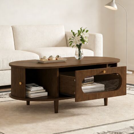 Table basse de salon 100 x 50 x 36 cm, finition noyer. Table basse avec un tiroir, console avec porte enroulable, table d'appoint, table de salon à 4 pieds, finition noyer.