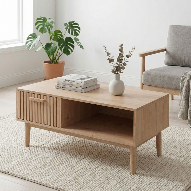 Table basse fixe de salon, Table basse bois 100x50x43cm, rectangulaire, Bout de canapé avec tiroir et niche, Table d'appoint, style moderne, Chêne