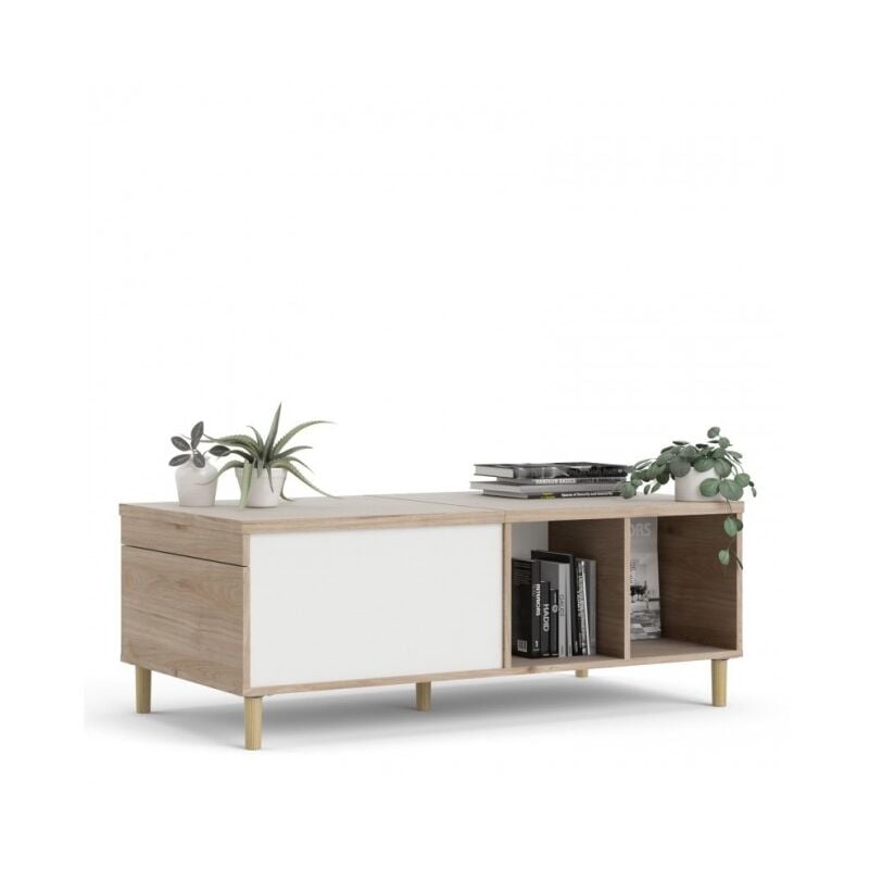 Table basse de salon 119x60 cm blanc mat et chêne - Trapani