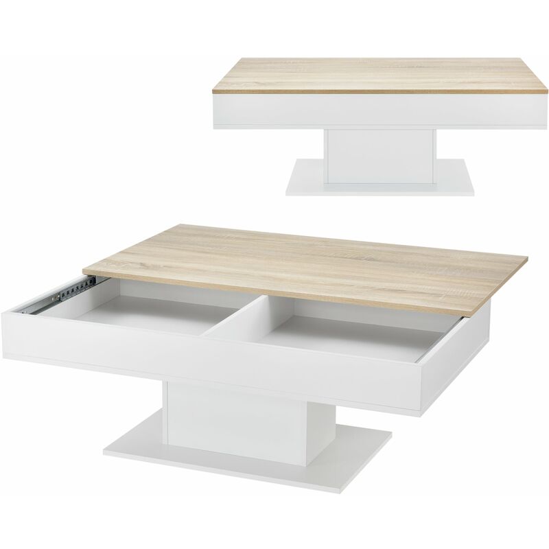 Table basse de salon avec 2 espaces de rangement 110 cm effet chêne blanc - Beige