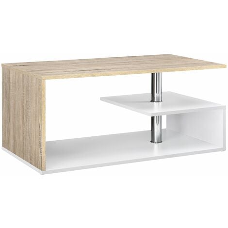 Table basse de salon avec étagère rangement en MDF 90 cm blanc et chêne - Beige
