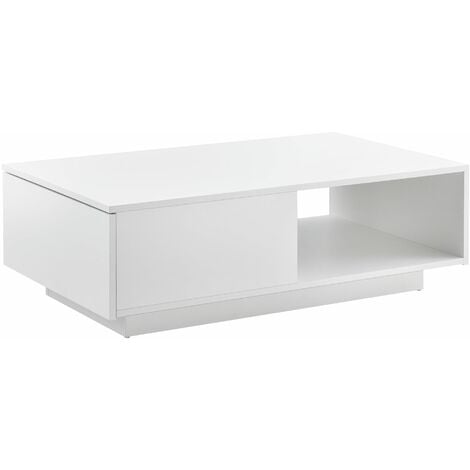 Table basse de salon avec tiroir et compartiment de rangement 95 x 55 cm 15 mm blanc brillant - Blanc