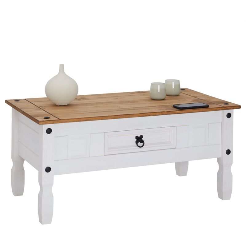 Table basse CAMPO table d'appoint rectangulaire en pin massif blanc et brun avec 1 tiroir, meuble de salon style mexicain en bois - Blanc/Brun