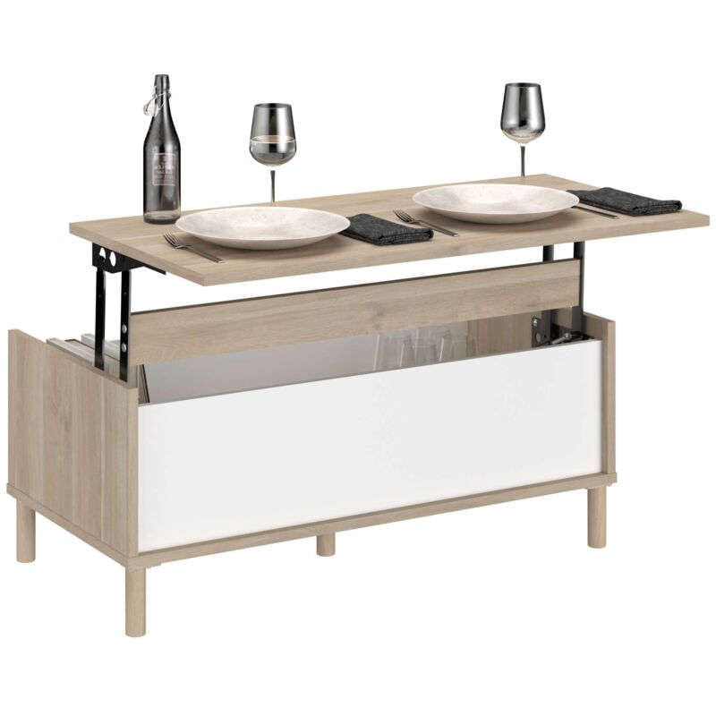 Table basse de salon élévatrice Azzaro en chêne japonais et blanc 110x45x60 cm