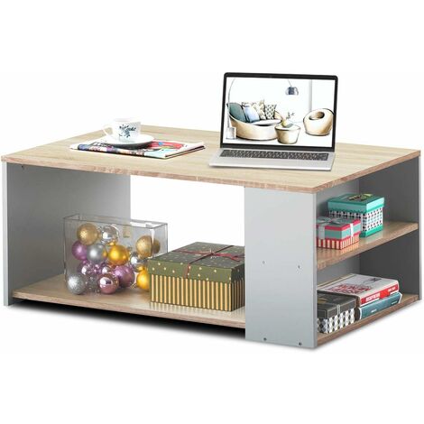 Table basse de salon en bois avec grand espace de rangement 90 x 59 x 40cm ( l x l x h ) chêne