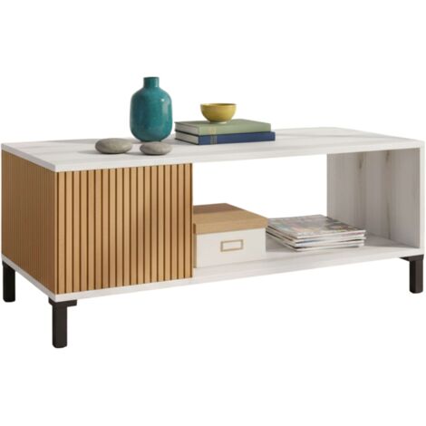Table basse de salon et salle à manger de style nordique Tokyo en chêne Ryado et blanc Albo 100 x 41 cm