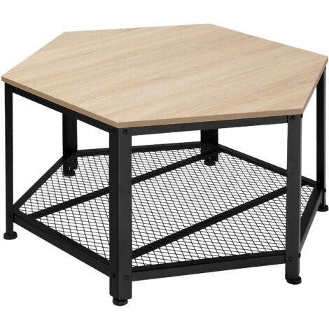 Tectake – Table basse hexagonale vintage 86,5x75cm en MDF et acier noir – Étagère à grille – Capacité de charge 150kg – Montage facile