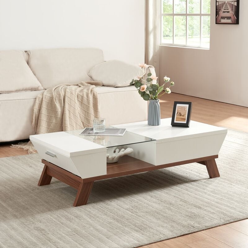 [en.casa] - Table basse de salon Ljusdal panneau de particules verre 120 x 55 x 33 cm blanc effet noyer