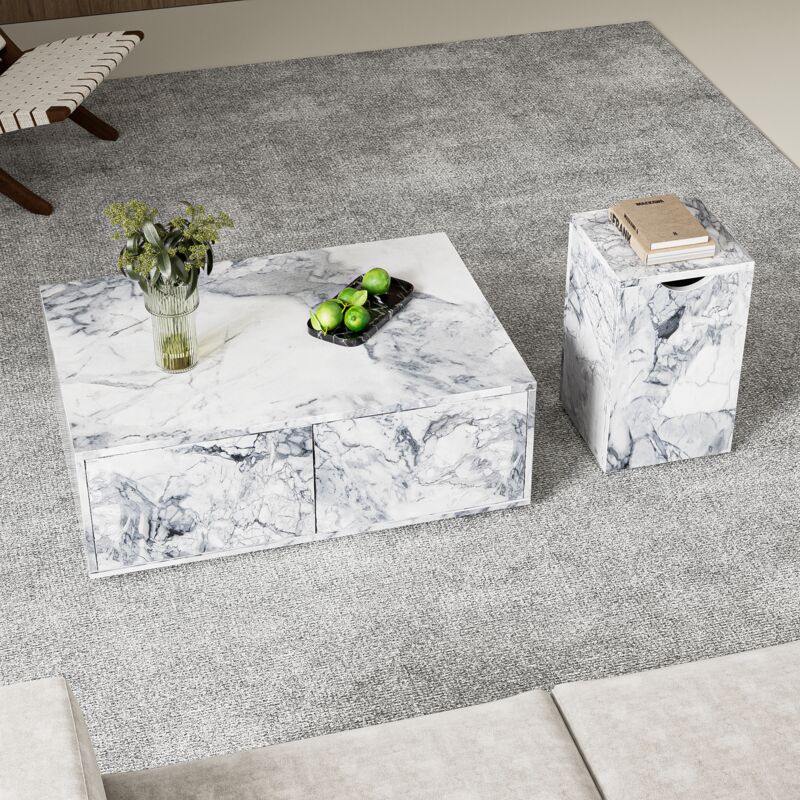 Okwish - Ensemble de 2 table basse carrées, table de salon, aspect marbre moderne
