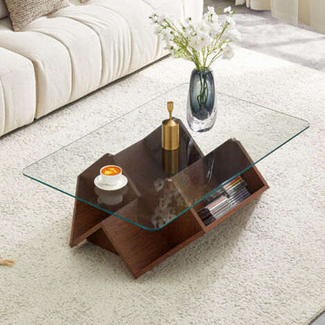 Table basse de salon noyer avec plateau en verre trempé, 4 compartiments de rangement, en MDF