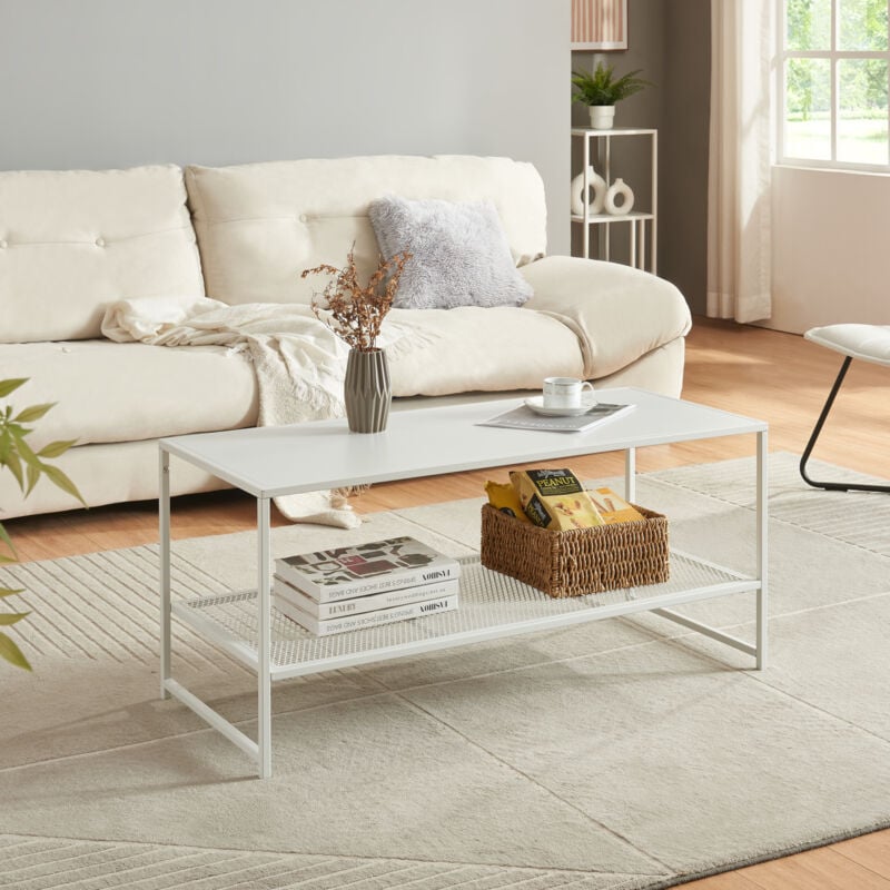 Table basse de salon Ruokolahti avec tablette en grille acier 102 x 43 x 46 cm blanc mat [en.casa]
