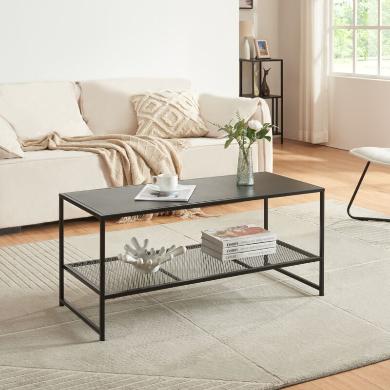 table basse de salon ruokolahti avec tablette en grille acier 102 x 43 x 46 cm noir mat